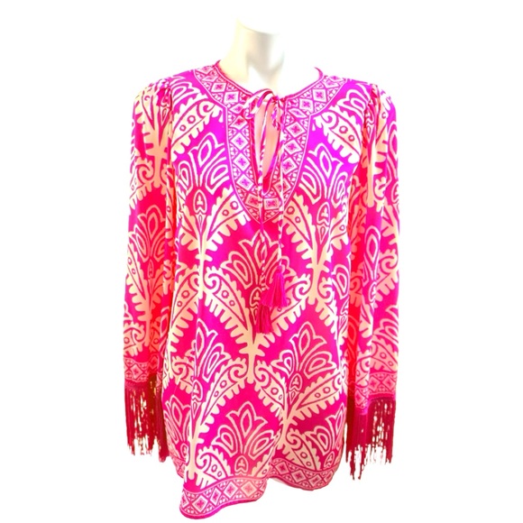 Flying Tomato Pink and Cream Patterned Tunic wide Fringed Sleeves - Picture 3 of 9